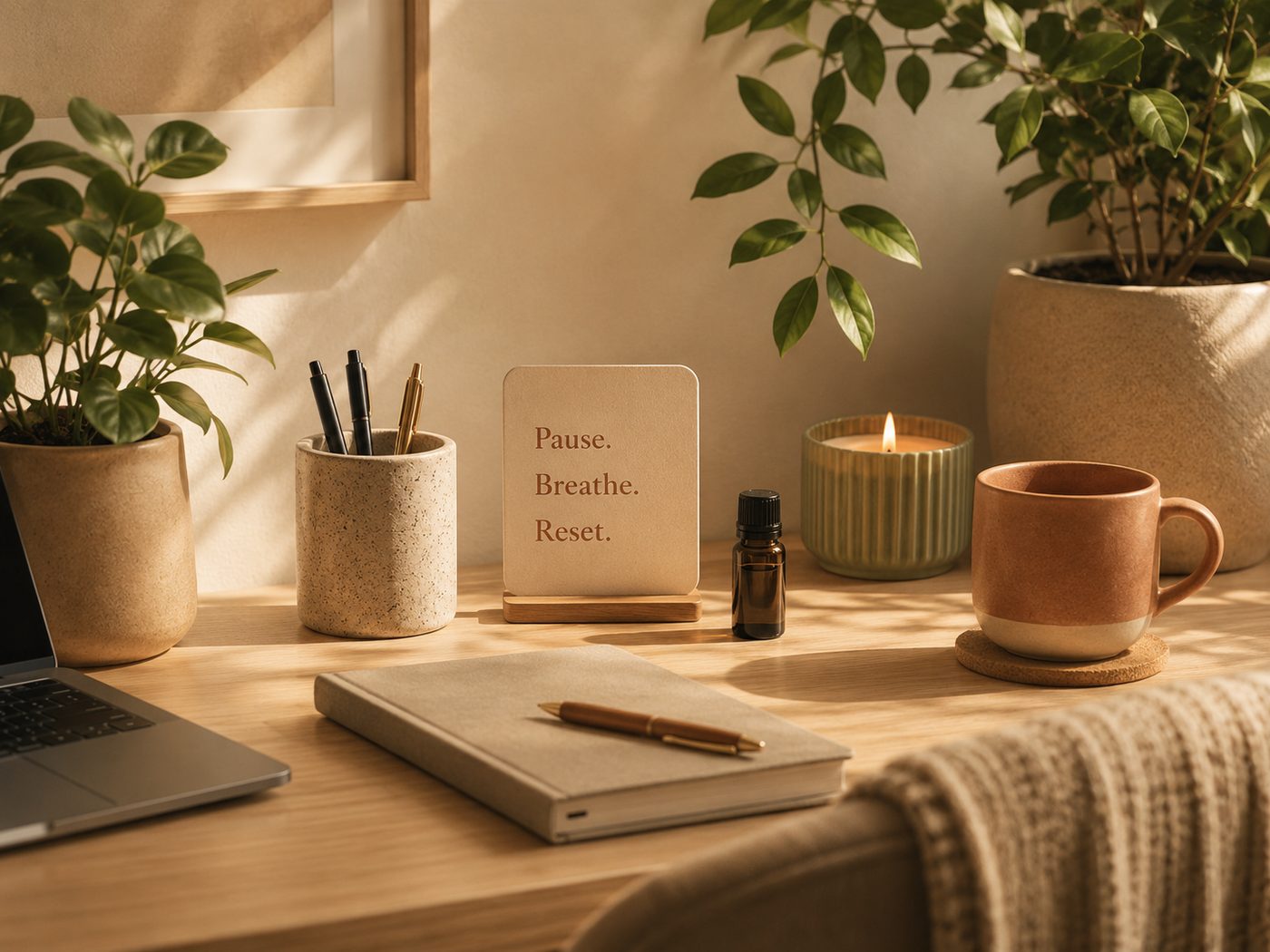 Desk styled with a 'Pause. Breathe. Reset.' card, candle, and warm mug