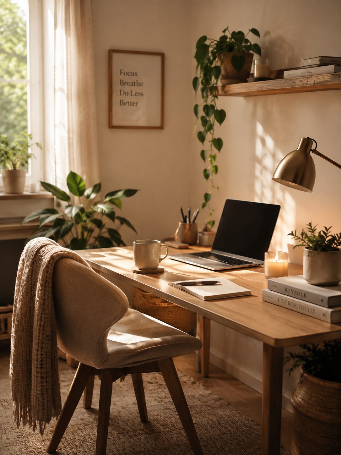 Cozy sunlit home office desk with laptop and plants