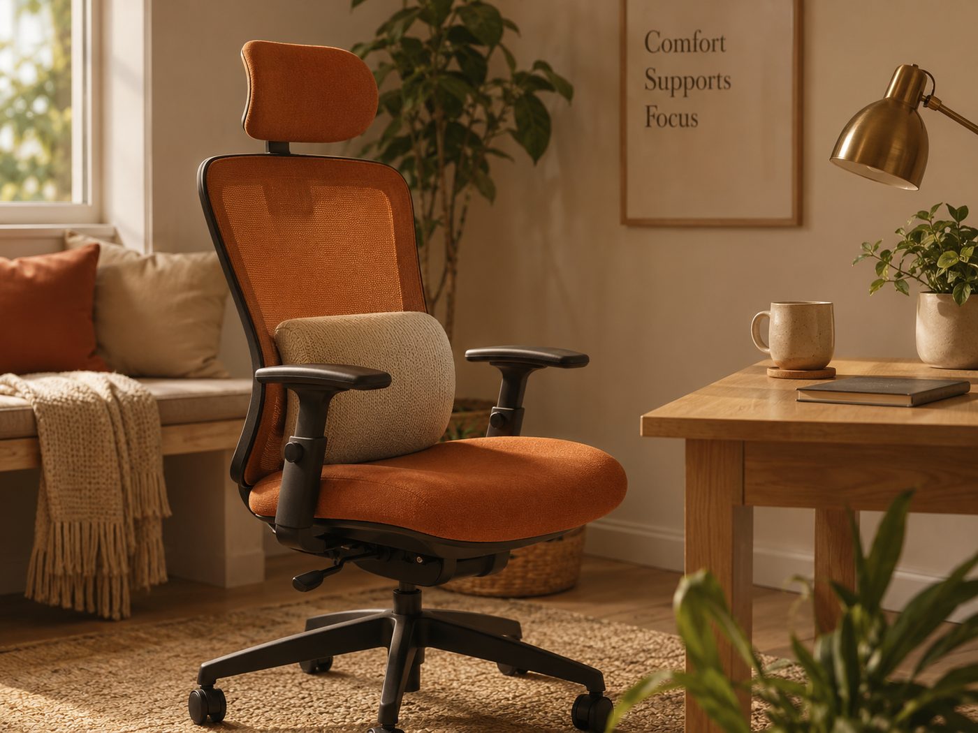 Terracotta ergonomic office chair in a cozy home office